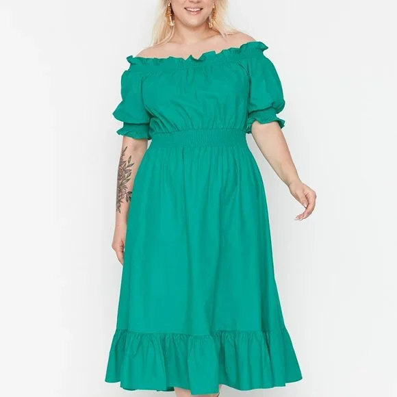 Trendyol Dresses New Plus Size Curve Off Shoulder Summer Midi